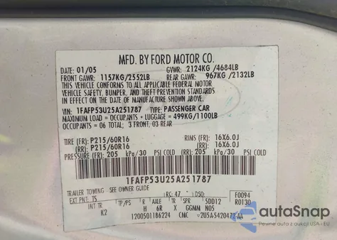 2005 Ford Taurus Se из США, поврежденный, VIN 1FAFP53U25A251787